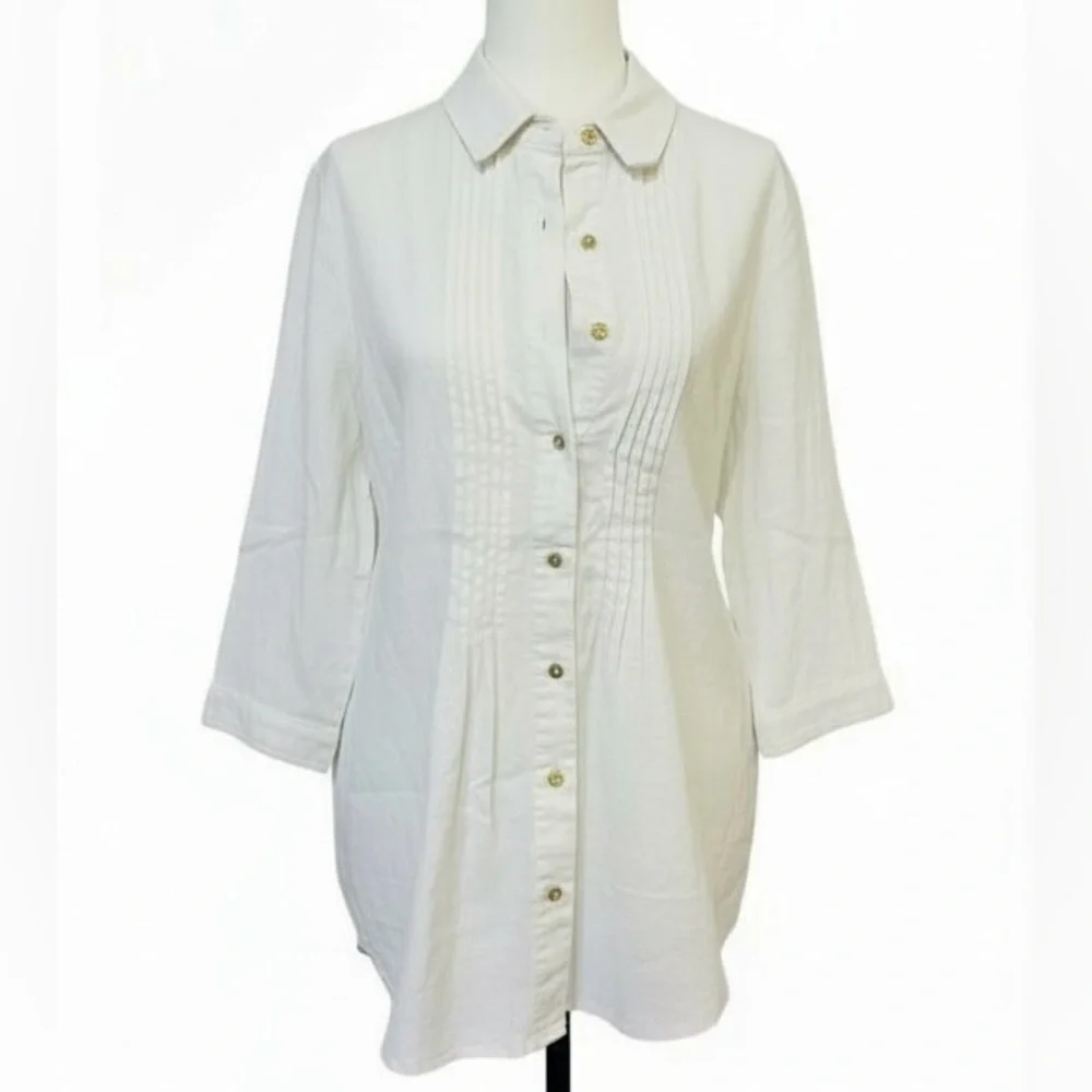 Traditions Linen Blend Button Down Pintuck 3/4 Sleeve Shirt Petite 10P - Picture 3 of 8